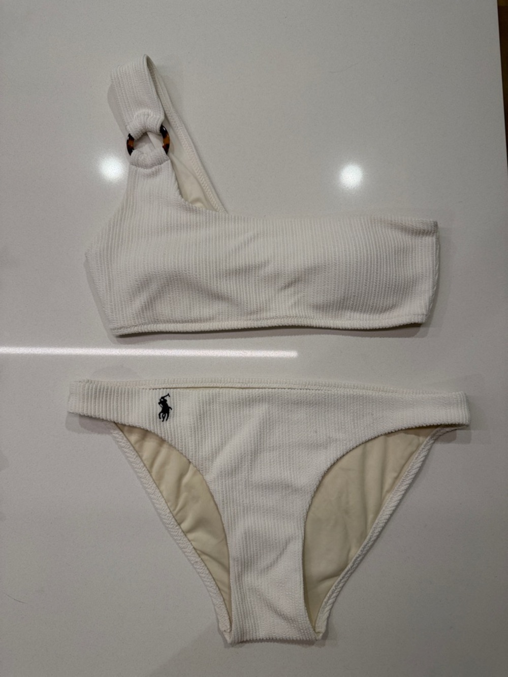 Ralph Lauren Polo One Shoulder Bikini Set White Swim Top & Bottom Size Small